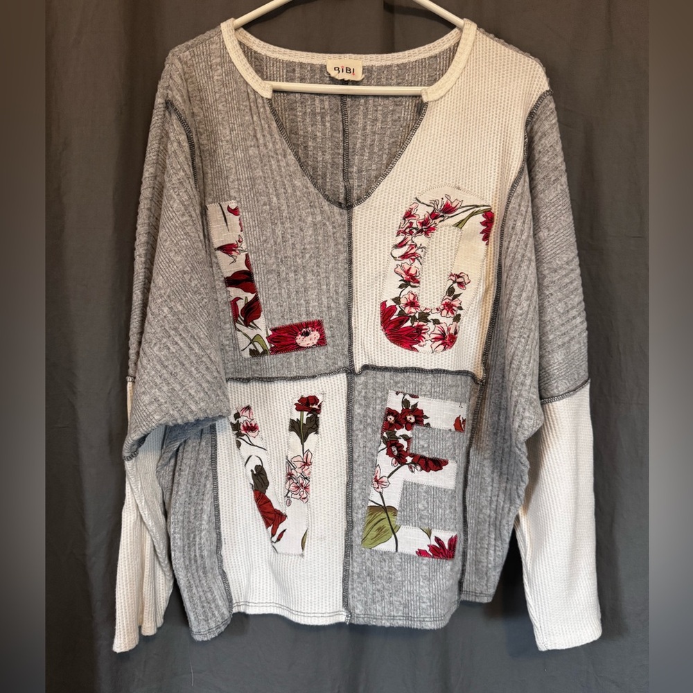 Upcycled Patchwork Gray and White LOVE Sweater